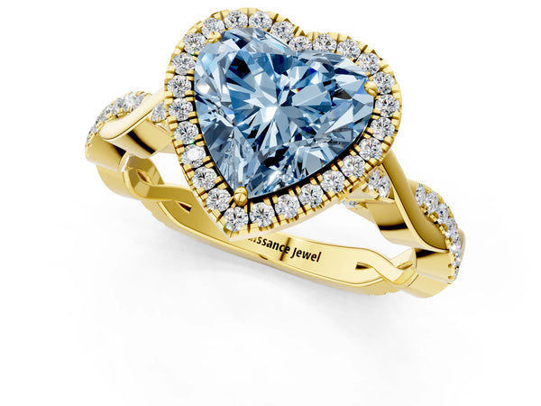 Yellow gold Fancy Blue Heart Cut Halo Twist Band with Four-Prong Setting
