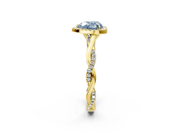 Yellow gold Fancy Blue Heart Cut Halo Twist Band with Four-Prong Setting