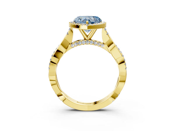 Yellow gold Fancy Blue Heart Cut Halo Twist Band with Four-Prong Setting