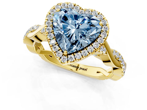 Yellow gold Fancy Blue Heart Cut Halo Twist Band with Four-Prong Setting_1