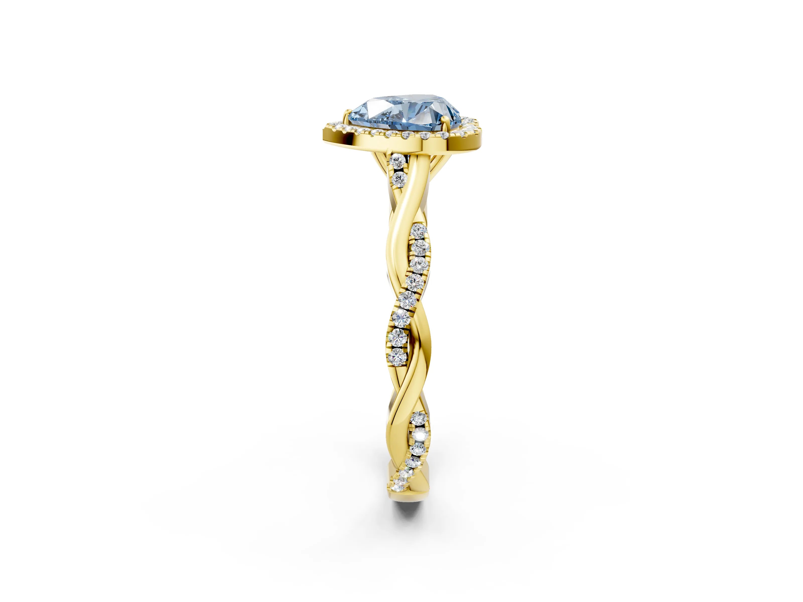 Yellow gold Fancy Blue Heart Cut Halo Twist Band with Four-Prong Setting_2