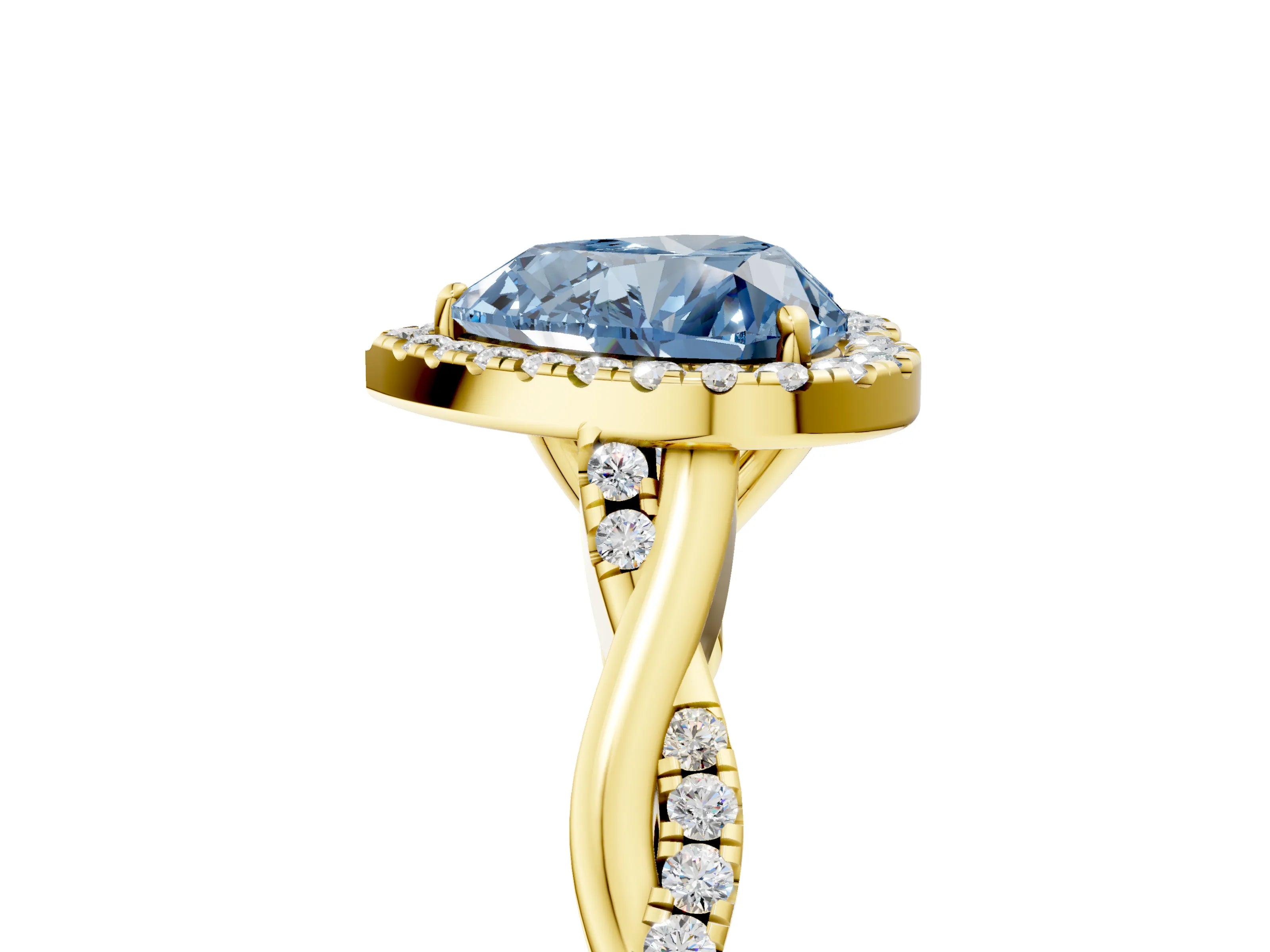 Yellow gold Fancy Blue Heart Cut Halo Twist Band with Four-Prong Setting_5
