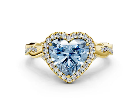 Yellow gold Fancy Blue Heart Cut Halo Twist Band with Four-Prong Setting
