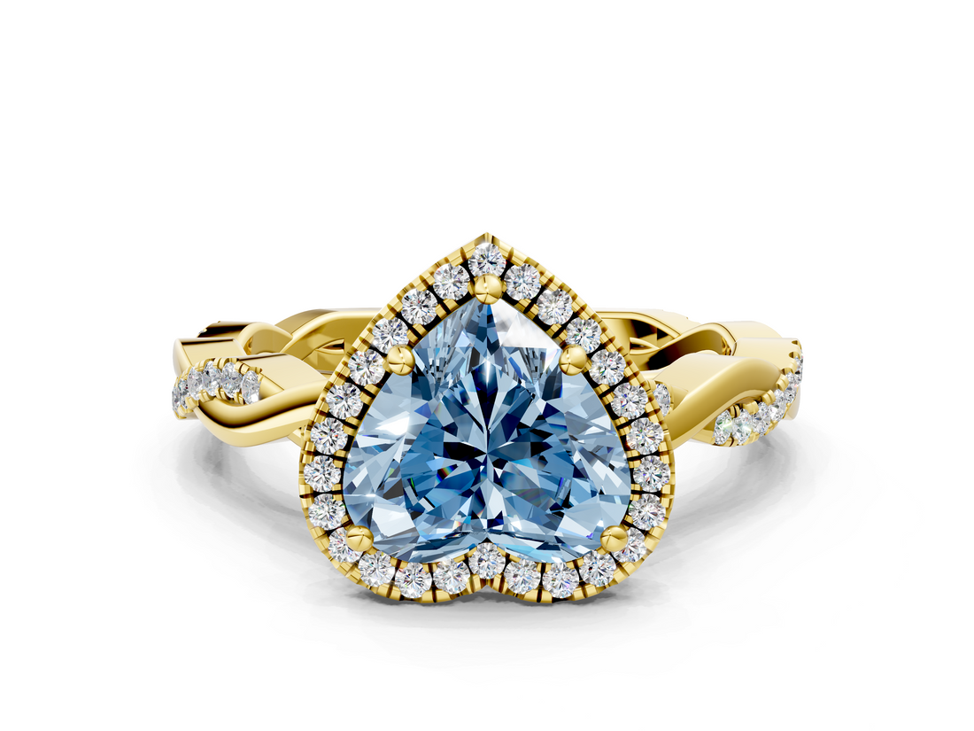 Yellow gold Fancy Blue Heart  Cut Halo Twisted Band Four-Prong Ring_20