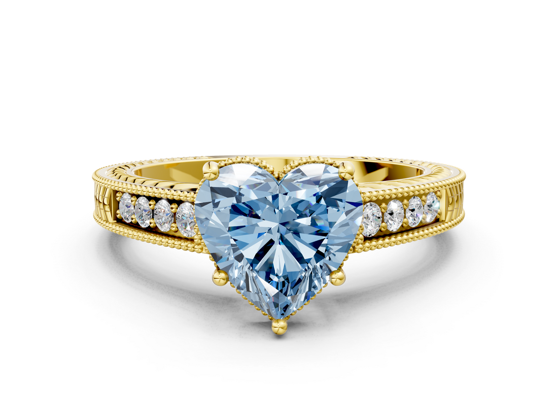 Yellow gold Fancy Blue Heart  Cut Milgrain Channel Set Engagement Ring with Solitaire Prong Setting_62