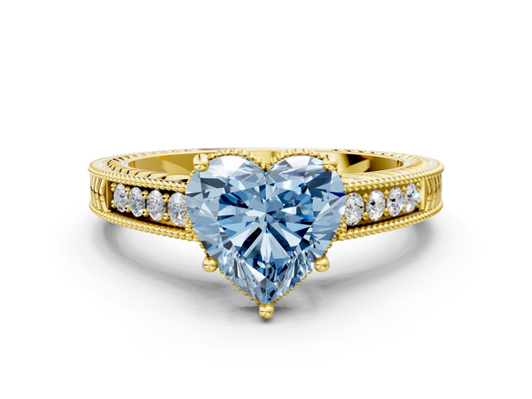 Yellow gold Fancy Blue Heart Cut Diamond Engagement Ring with Milgrain Channel Set Band and Prong Setting