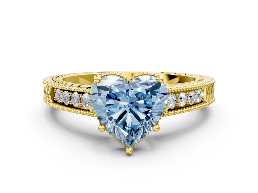 Yellow gold Fancy Blue Heart Cut Diamond Engagement Ring with Milgrain Channel Set Band and Prong Setting