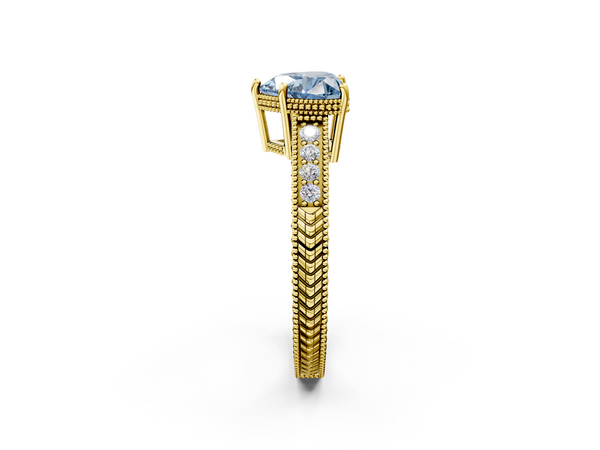 Yellow gold Fancy Blue Heart Cut Diamond Engagement Ring with Milgrain Channel Set Band and Prong Setting