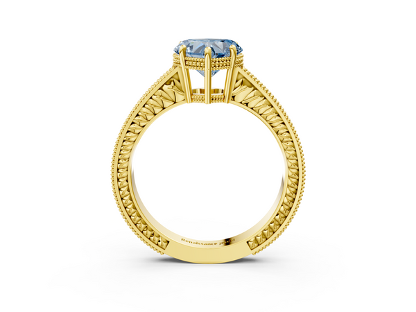 Yellow gold Fancy Blue Heart Cut Diamond Engagement Ring with Milgrain Channel Set Band and Prong Setting