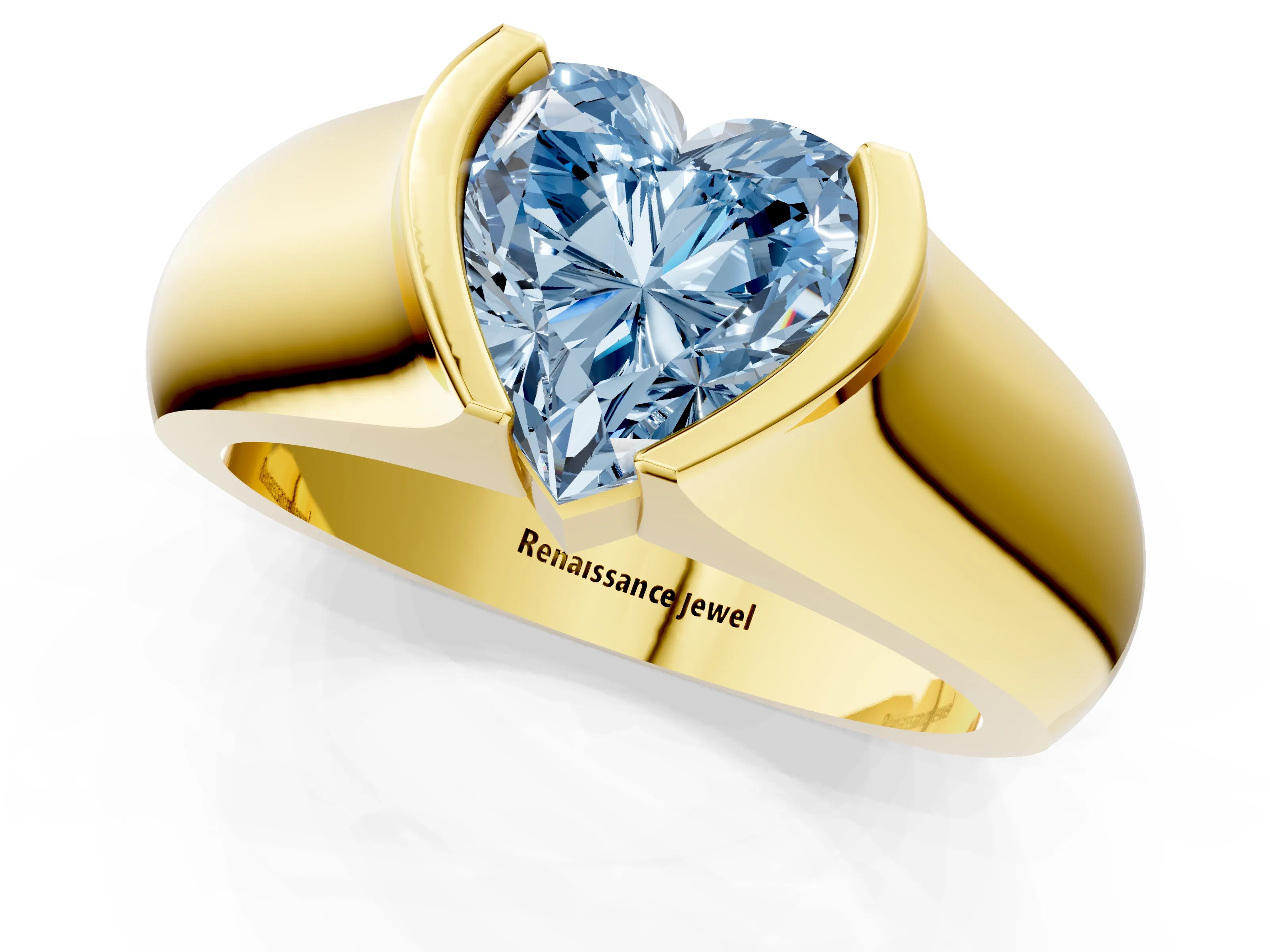 Yellow gold Fancy Blue Heart Cut Solitaire Bezel Set Diamond Ring with Wide Band_1