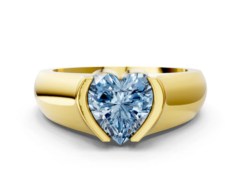 Yellow gold Fancy Blue Heart Cut Solitaire Bezel Set Diamond Ring with Wide Band