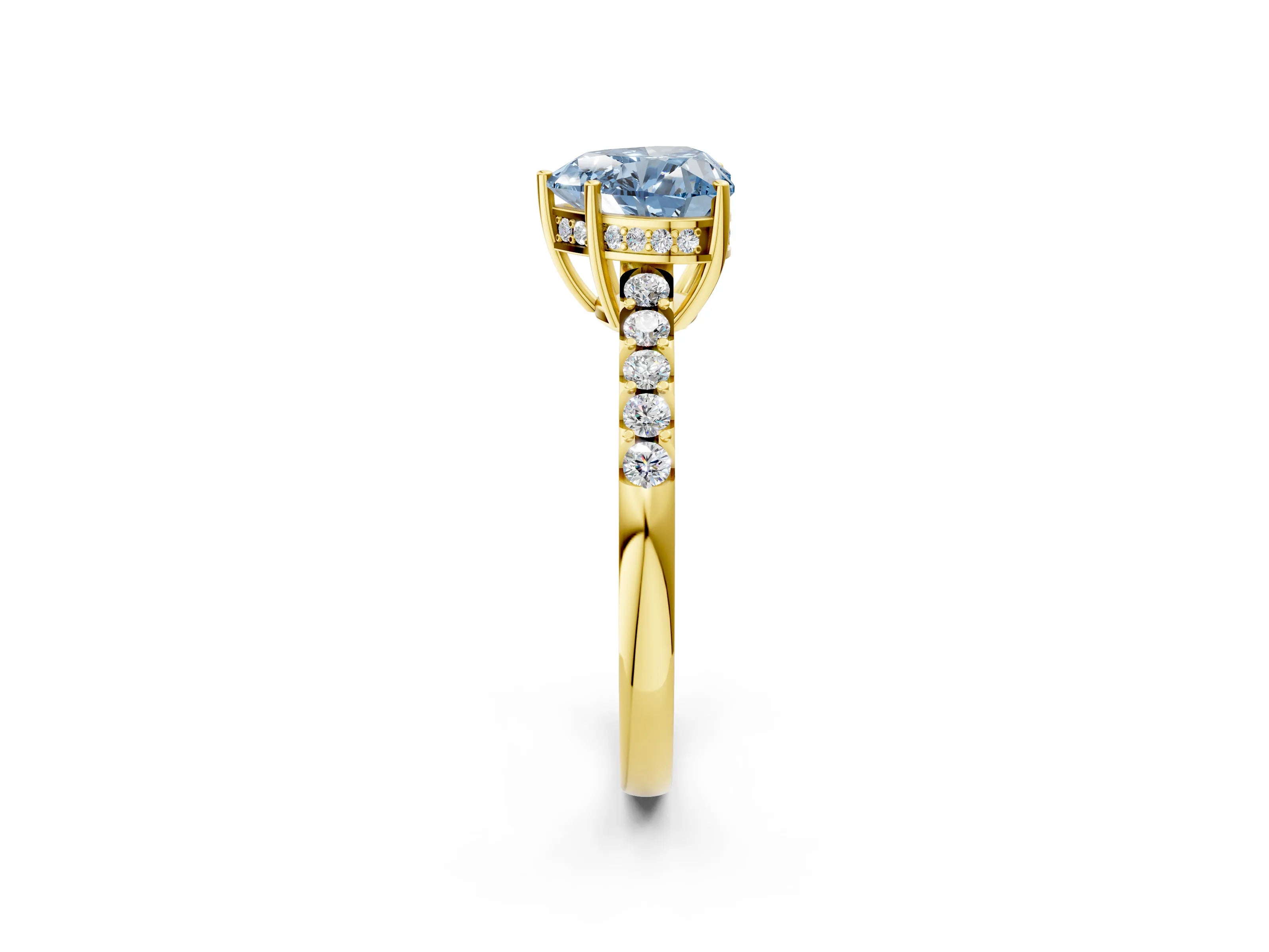 Yellow gold Fancy Blue Heart Cut Solitaire Diamond Engagement Ring with Pavé Band and Six-Prong Setting_14
