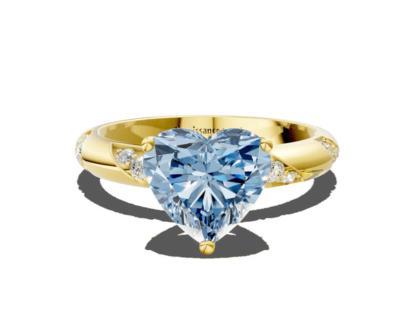 Yellow gold Fancy Blue Heart Cut Solitaire Diamond Engagement Ring with Twisted Pave Band and Four-Prong Setting