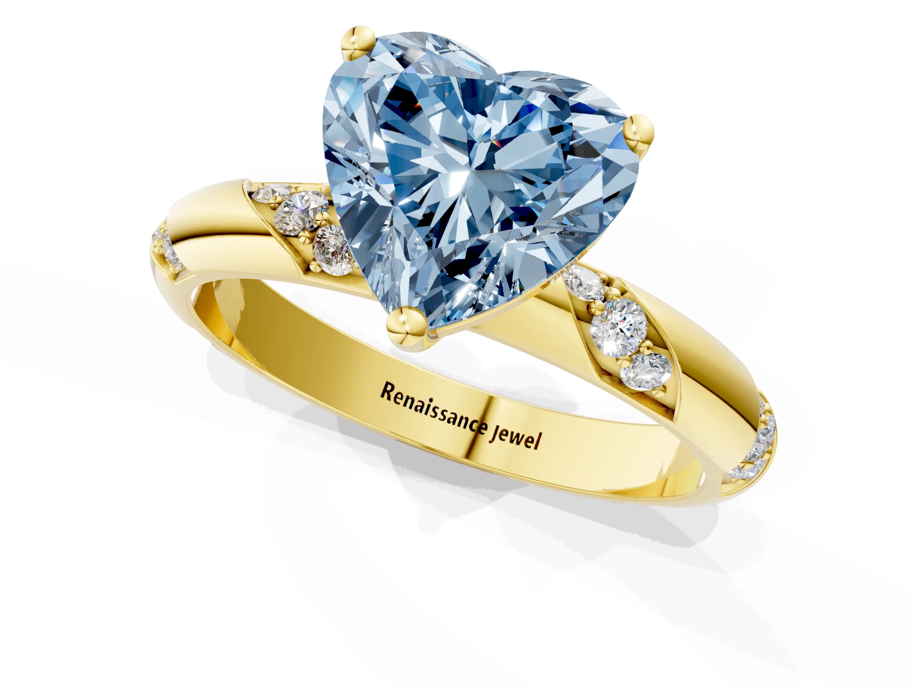 Yellow gold Fancy Blue Heart Cut Solitaire Diamond Engagement Ring with Twisted Pave Band and Four-Prong Setting_4