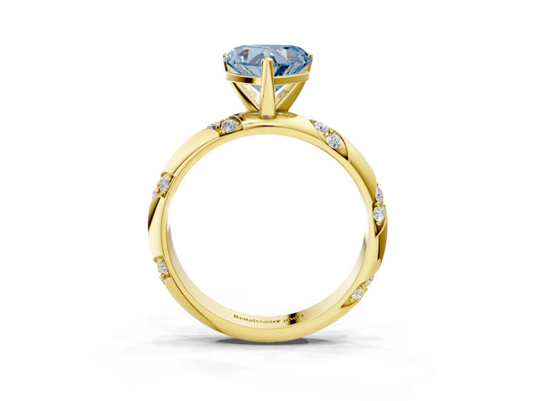 Yellow gold Fancy Blue Heart Cut Solitaire Diamond Engagement Ring with Twisted Pave Band and Four-Prong Setting