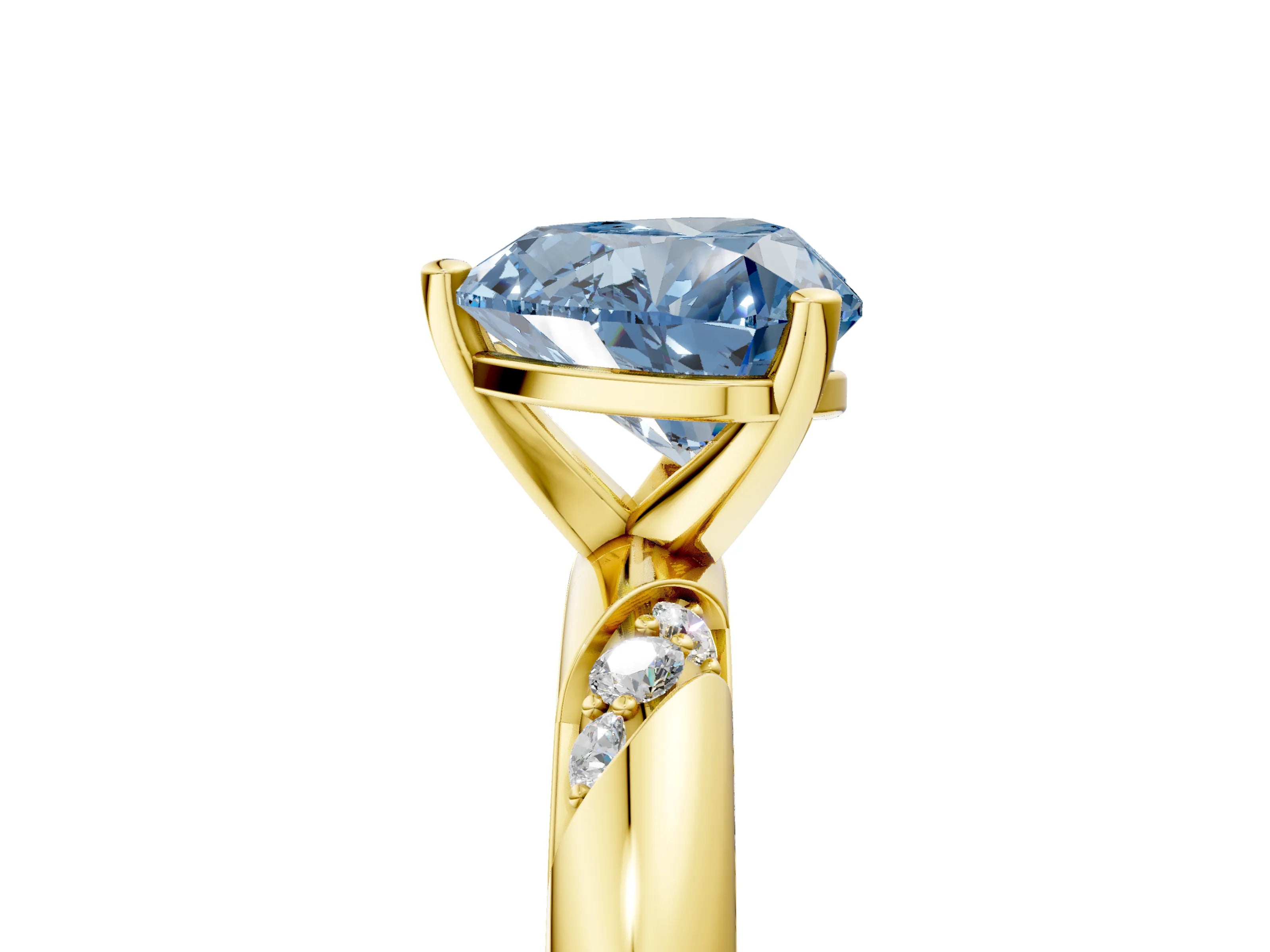 Yellow gold Fancy Blue Heart Cut Solitaire Diamond Engagement Ring with Twisted Pave Band and Four-Prong Setting_8