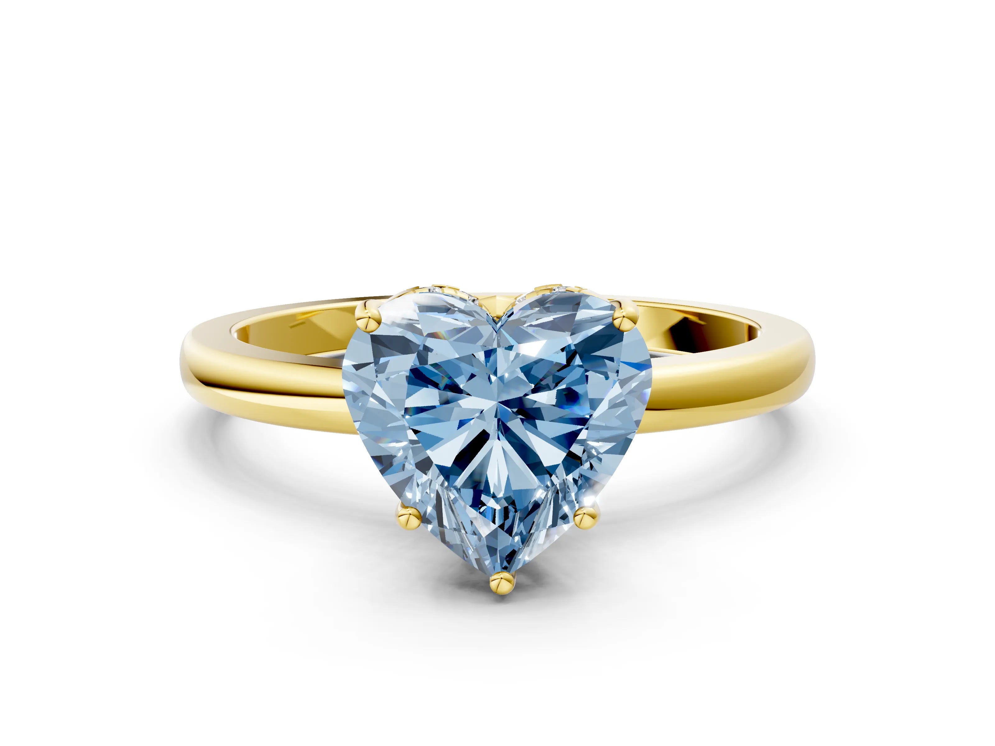 Yellow gold Fancy Blue Heart Cut Solitaire Diamond Ring with Prong Setting and Plain Band