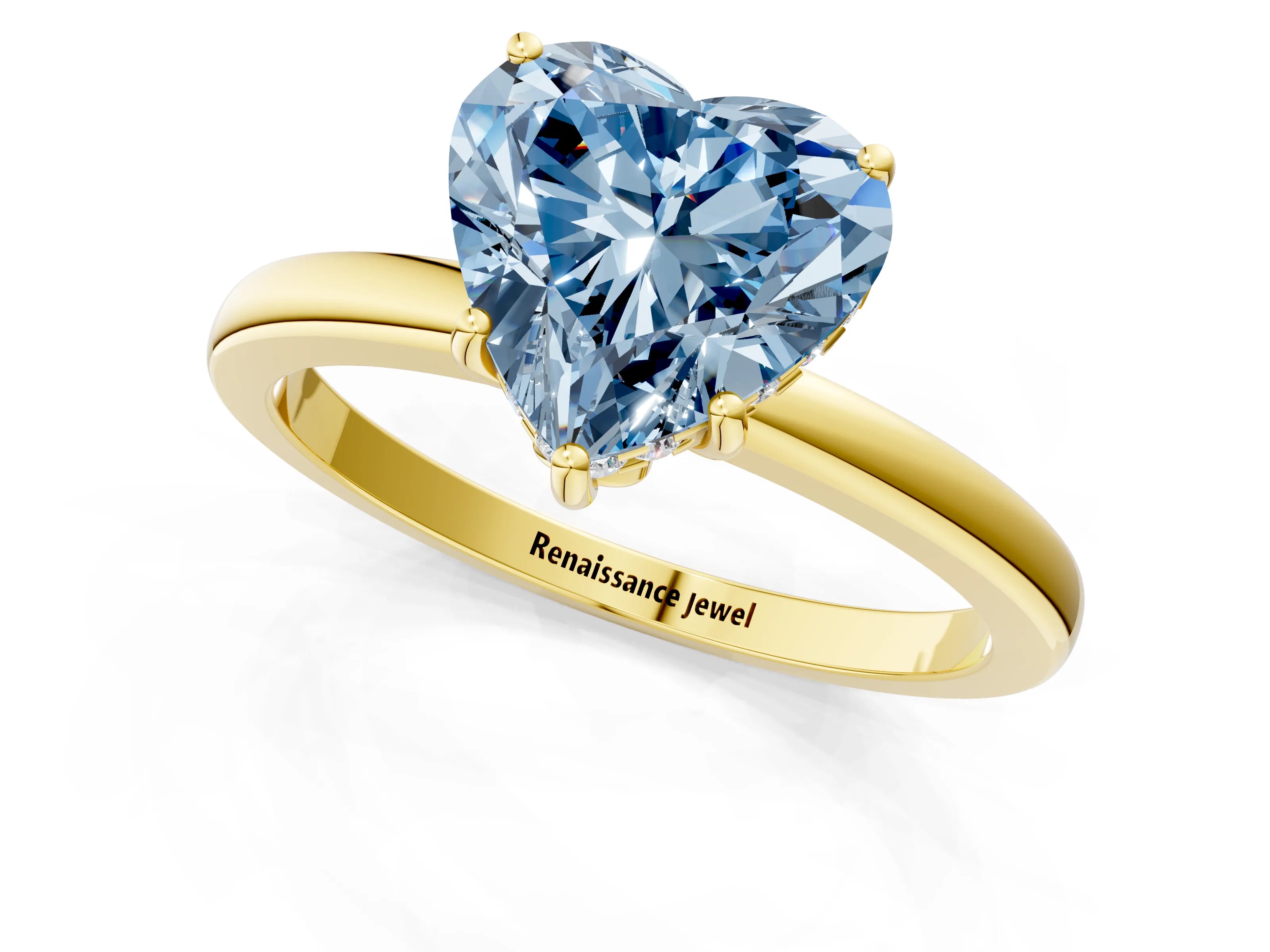 Yellow gold Fancy Blue Heart Cut Solitaire Diamond Ring with Prong Setting and Plain Band_1
