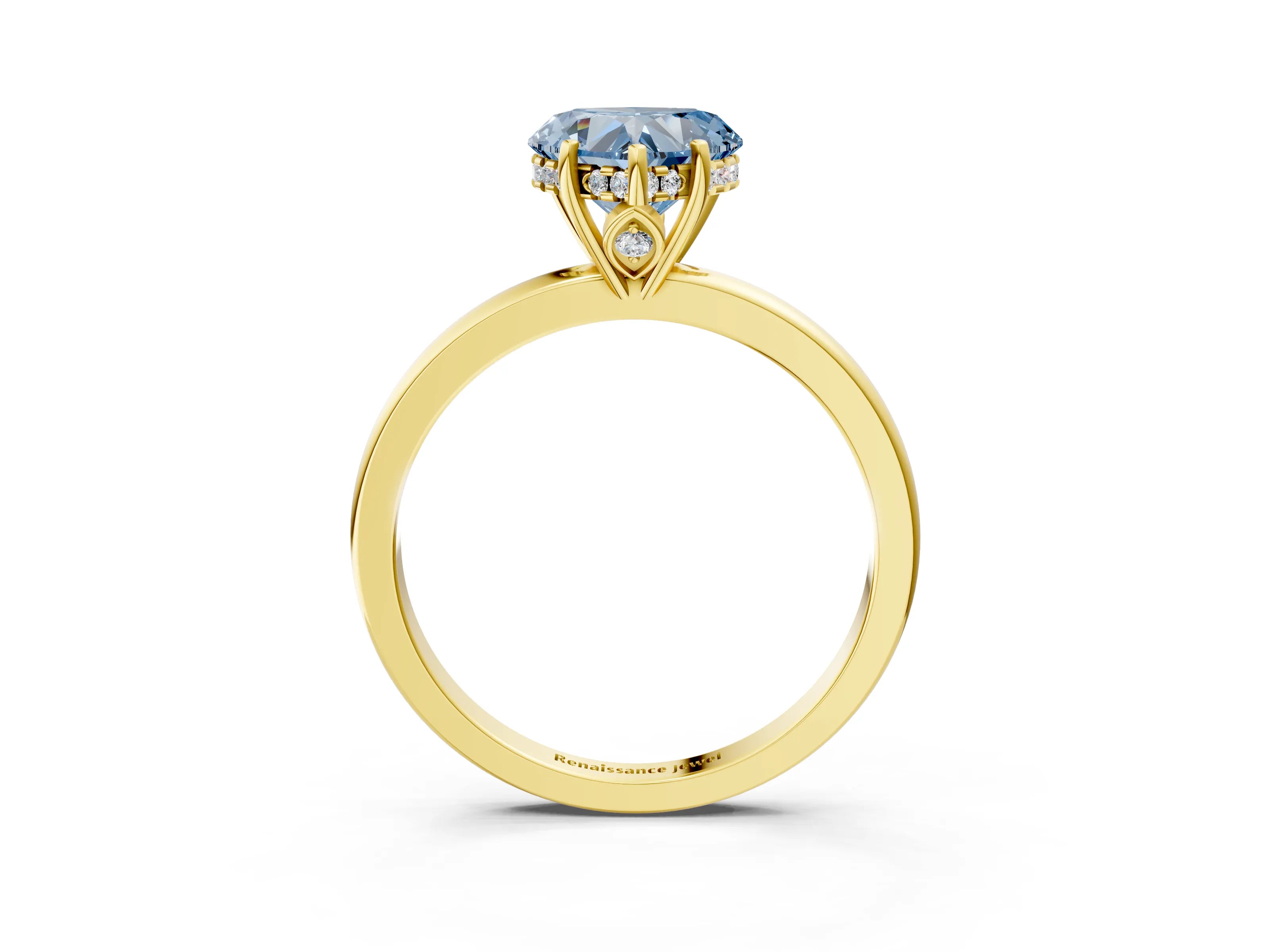 Yellow gold Fancy Blue Heart Cut Solitaire Diamond Ring with Prong Setting and Plain Band_3