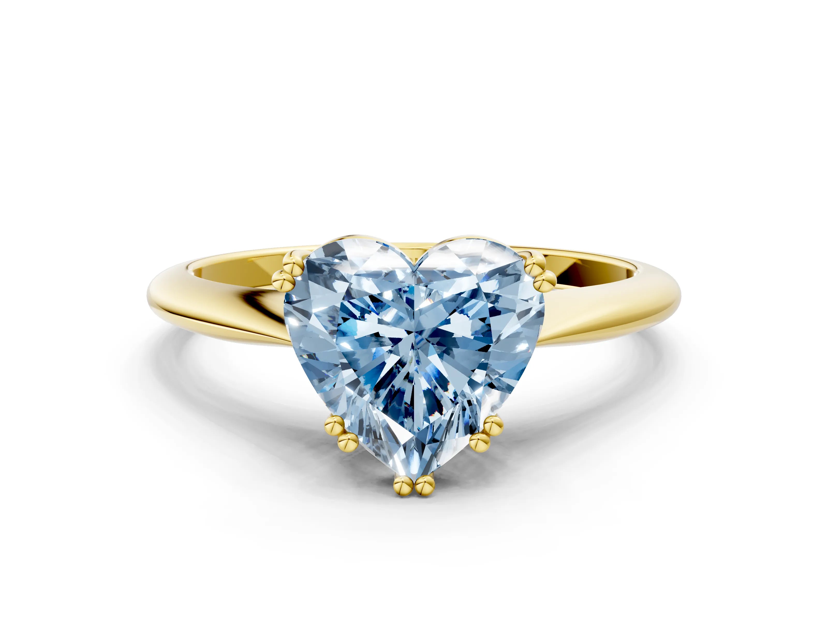 Yellow gold Fancy Blue Heart Cut Solitaire Diamond Ring with Six-Prong Setting and Classic Band