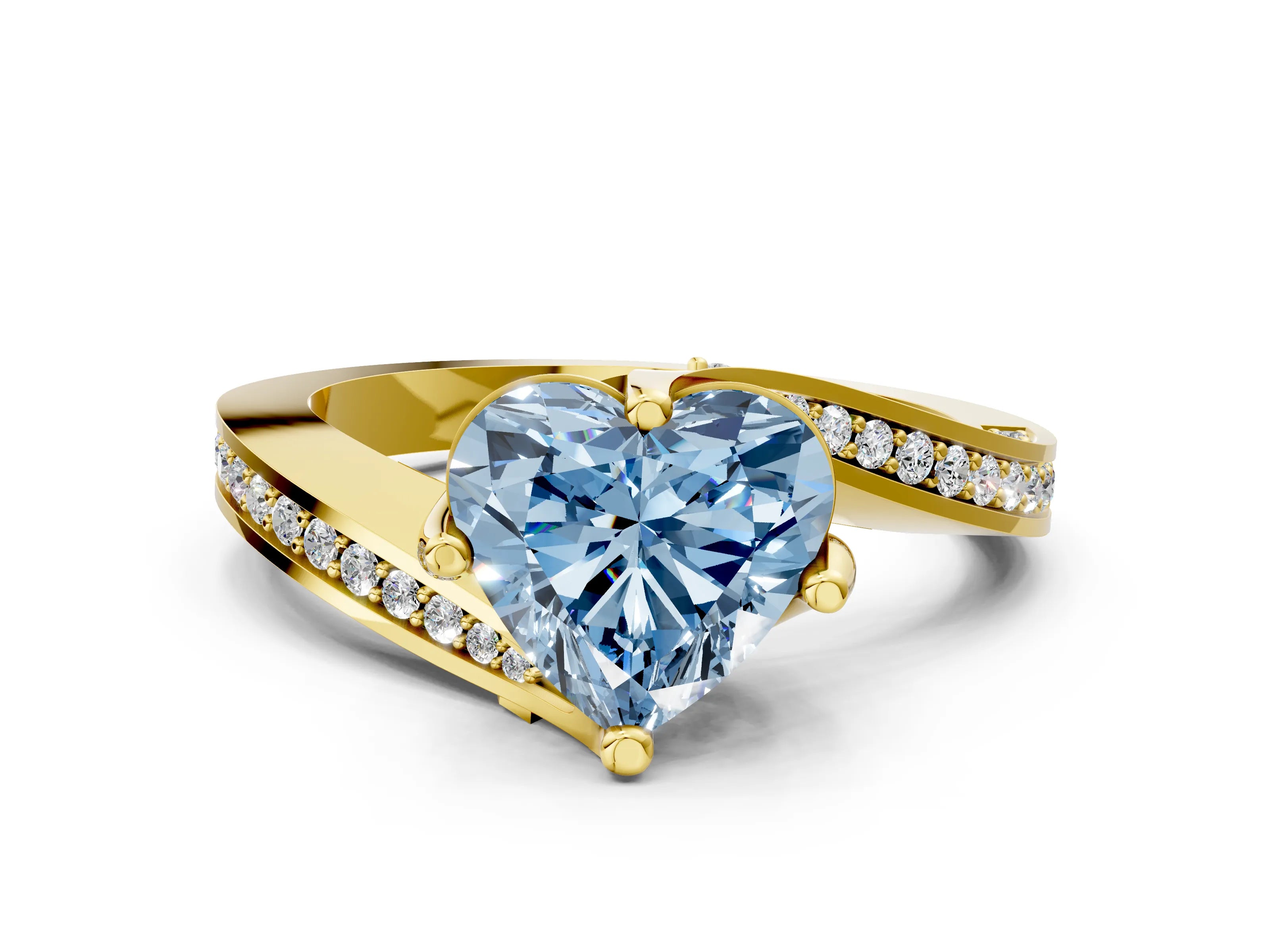 Yellow gold Fancy Blue Heart Cut Solitaire Diamond Twist Band with Pavé Setting and Four-Prong Setting