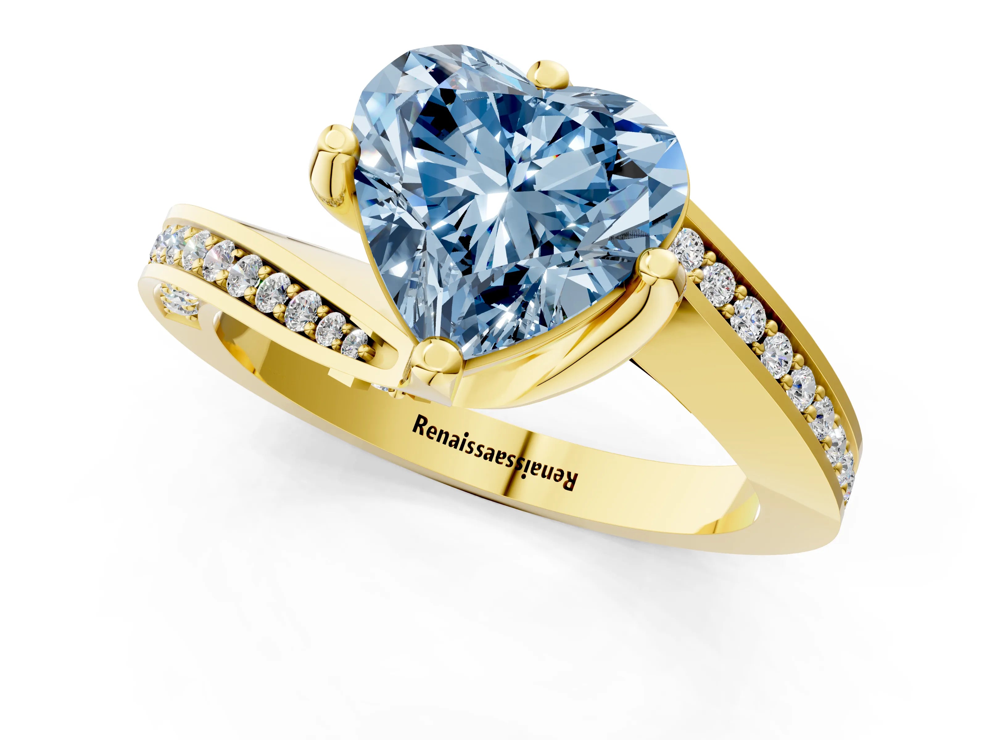 Yellow gold Fancy Blue Heart Cut Solitaire Diamond Twist Band with Pavé Setting and Four-Prong Setting_1
