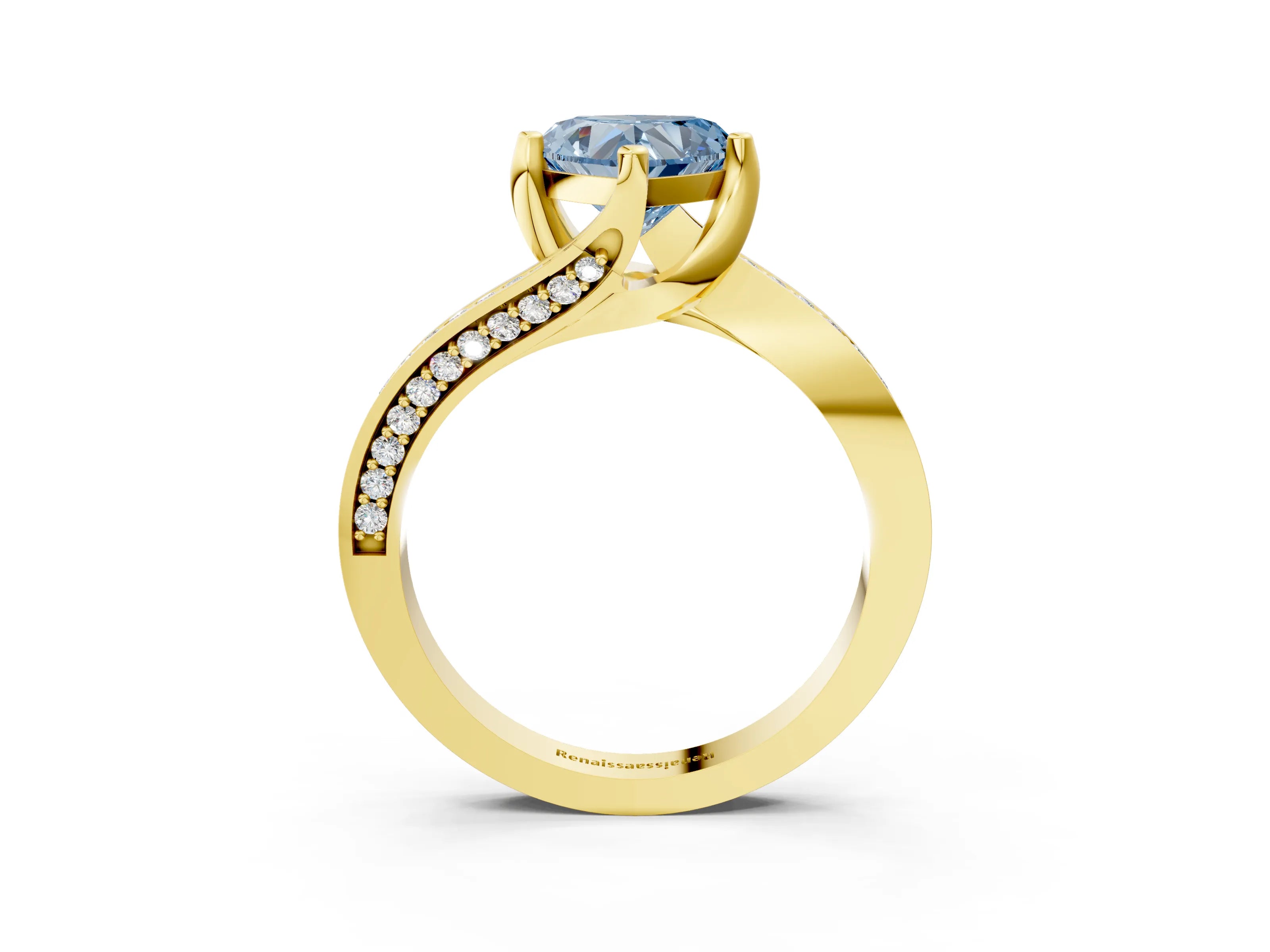 Yellow gold Fancy Blue Heart Cut Solitaire Diamond Twist Band with Pavé Setting and Four-Prong Setting_3