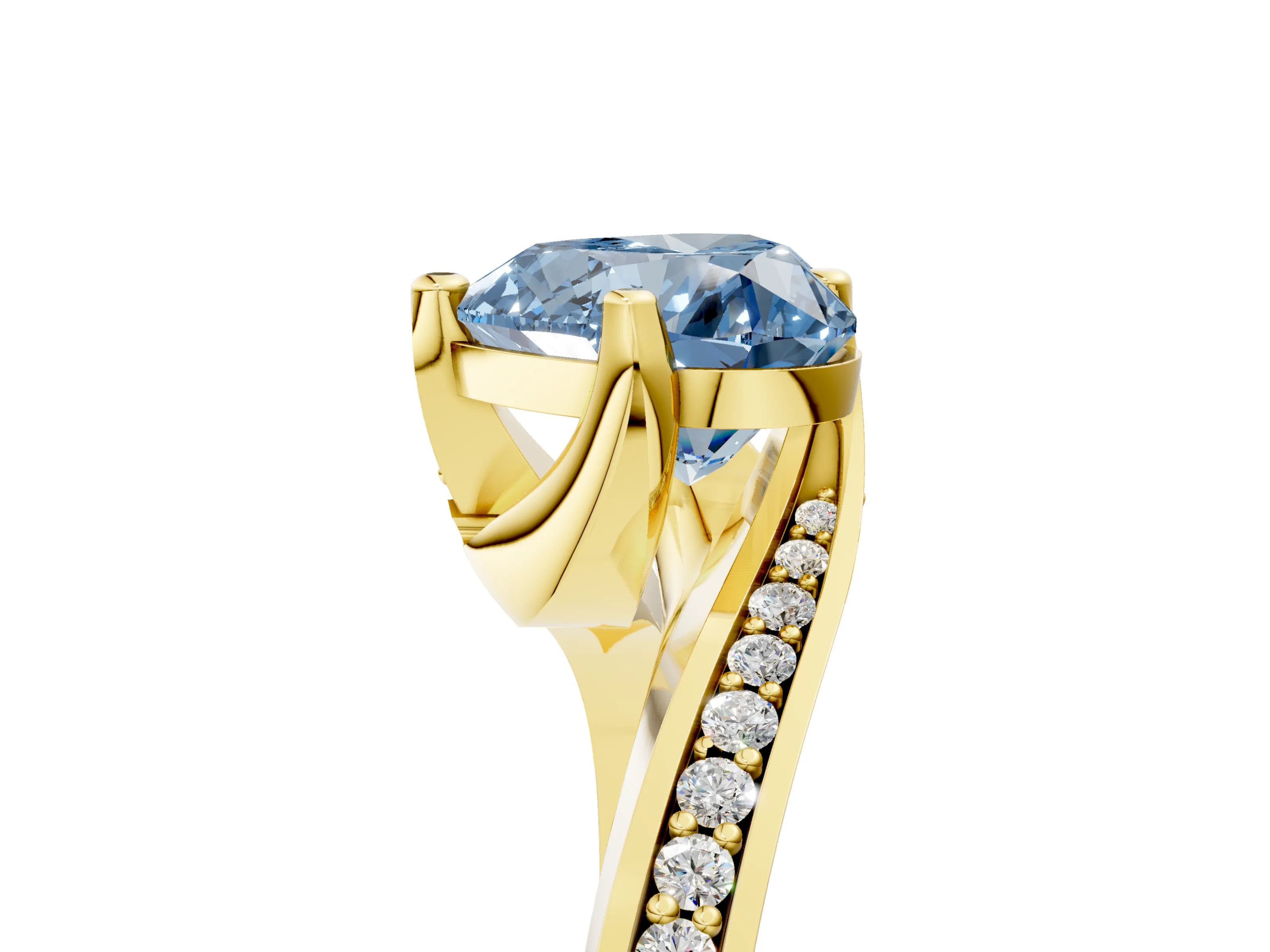 Yellow gold Fancy Blue Heart Cut Solitaire Diamond Twist Band with Pavé Setting and Four-Prong Setting_5