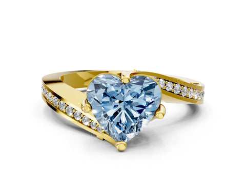 Yellow gold Fancy Blue Heart Cut Solitaire Diamond Twist Band with Pavé Setting and Four-Prong Setting