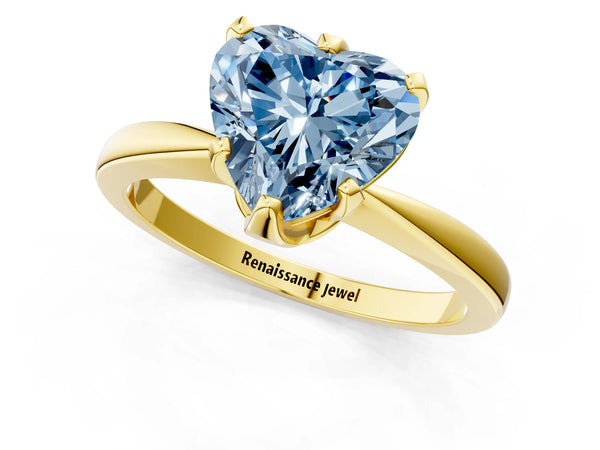Yellow gold Fancy Blue Heart Cut Solitaire Engagement Ring with Six-Prong Setting and Tapered Band