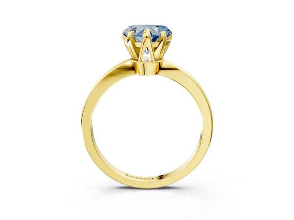 Yellow gold Fancy Blue Heart Cut Solitaire Engagement Ring with Six-Prong Setting and Tapered Band