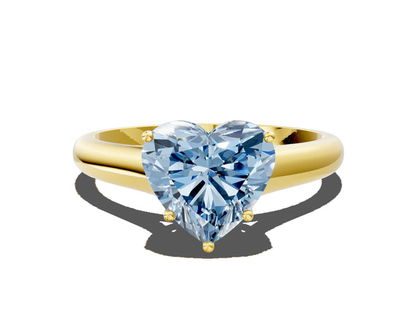 Yellow gold Fancy Blue Heart Cut Solitaire Engagement Ring with Tapered Band and Four-Prong Setting