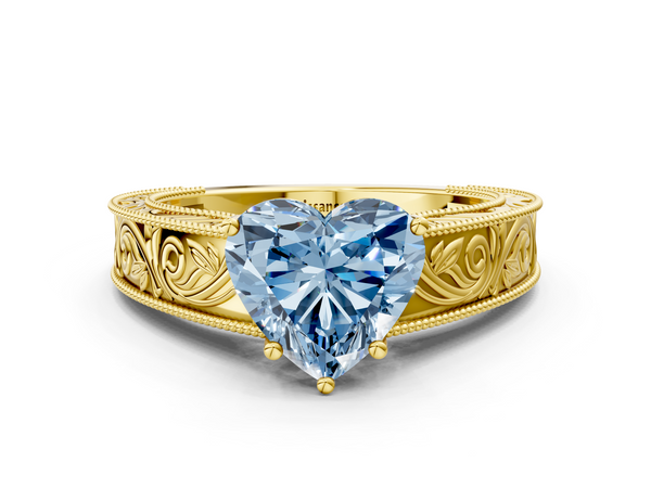 Yellow Gold Heart-Shaped Vintage Engraved Solitaire Engagement Ring Setting for Fancy Blue Center