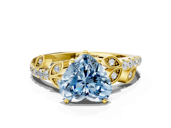 Yellow gold Fancy Blue Heart Cut Solitaire Leaf-Inspired Diamond Ring with Pavé Band and Four-Prong Setting