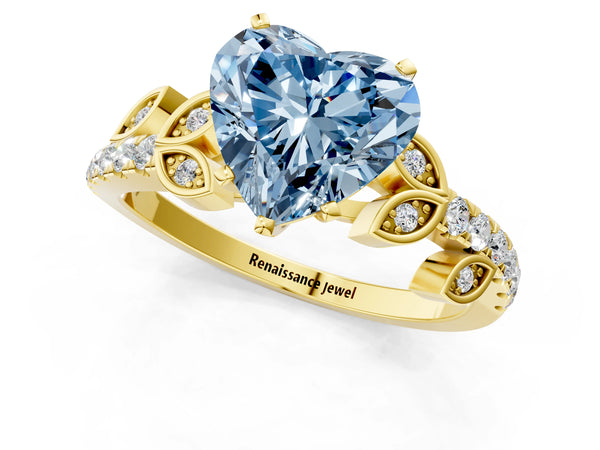 Yellow gold Fancy Blue Heart Cut Solitaire Leaf-Inspired Diamond Ring with Pavé Band and Four-Prong Setting