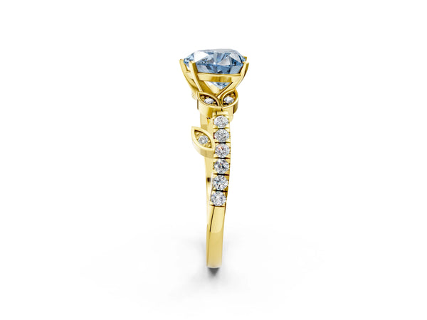 Yellow gold Fancy Blue Heart Cut Solitaire Leaf-Inspired Diamond Ring with Pavé Band and Four-Prong Setting