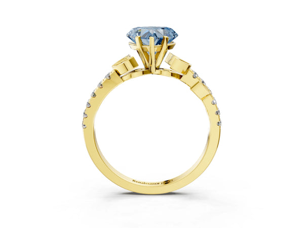 Yellow gold Fancy Blue Heart Cut Solitaire Leaf-Inspired Diamond Ring with Pavé Band and Four-Prong Setting