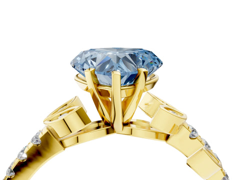 Yellow gold Fancy Blue Heart Cut Solitaire Leaf-Inspired Diamond Ring with Pavé Band and Four-Prong Setting_4