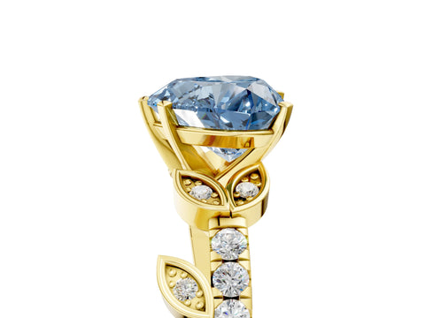 Yellow gold Fancy Blue Heart Cut Solitaire Leaf-Inspired Diamond Ring with Pavé Band and Four-Prong Setting_5