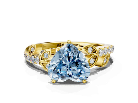 Yellow gold Fancy Blue Heart Cut Solitaire Leaf-Inspired Diamond Ring with Pavé Band and Four-Prong Setting
