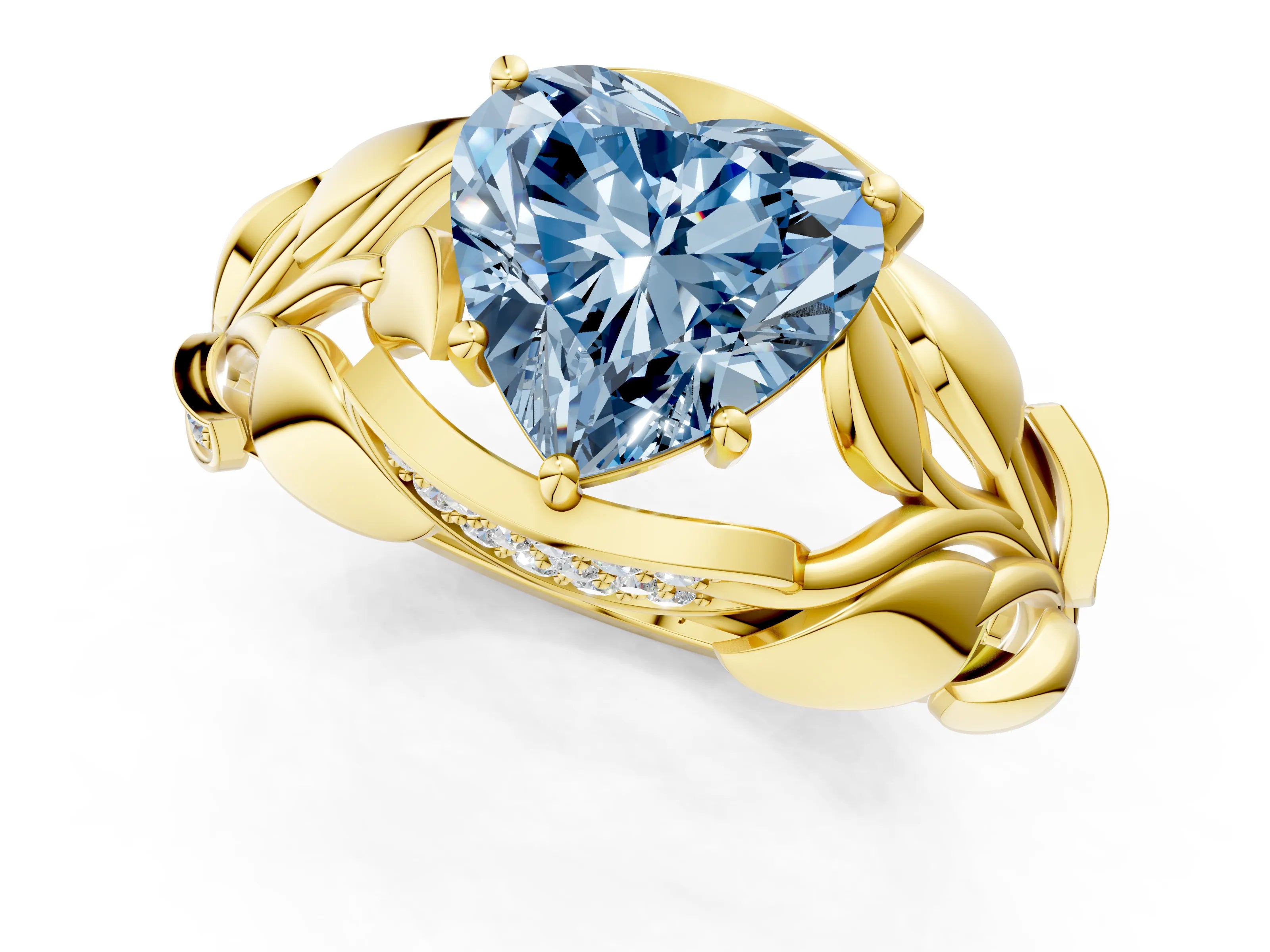 Yellow gold Fancy Blue Heart Cut Solitaire Leaf-Inspired Engagement Ring with Prong Setting_1