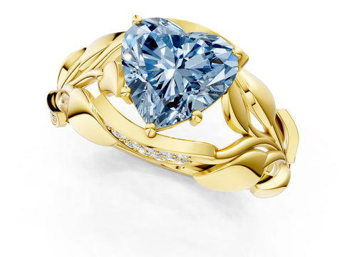 Yellow gold Fancy Blue Heart Cut Solitaire Leaf-Inspired Engagement Ring with Prong Setting_1