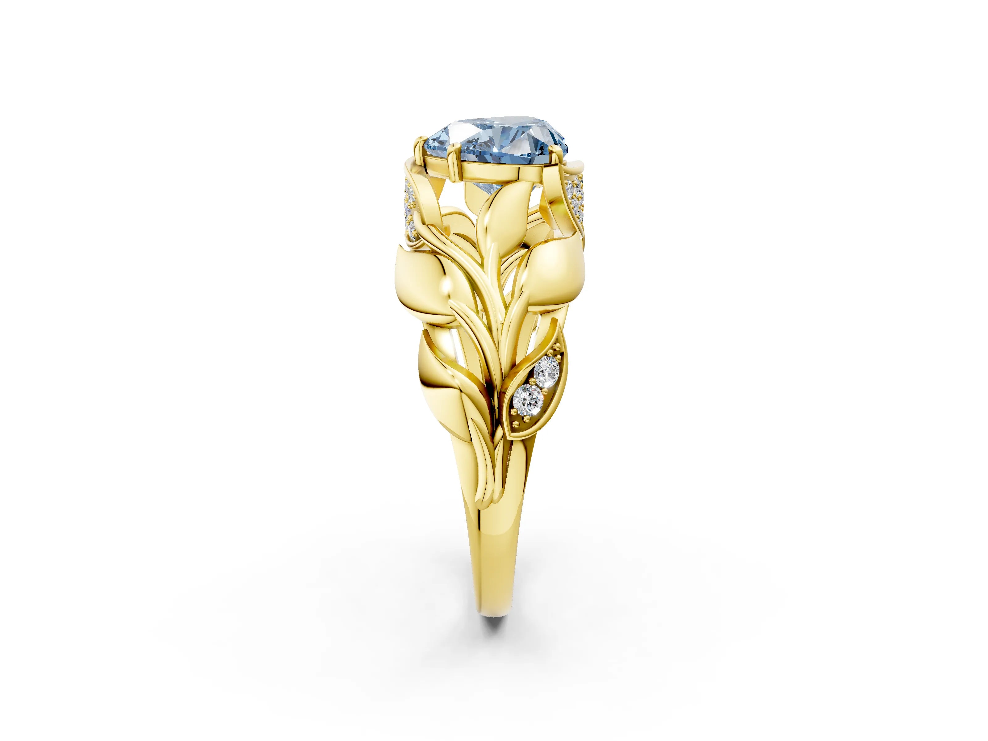 Yellow gold Fancy Blue Heart Cut Solitaire Leaf-Inspired Engagement Ring with Prong Setting_2
