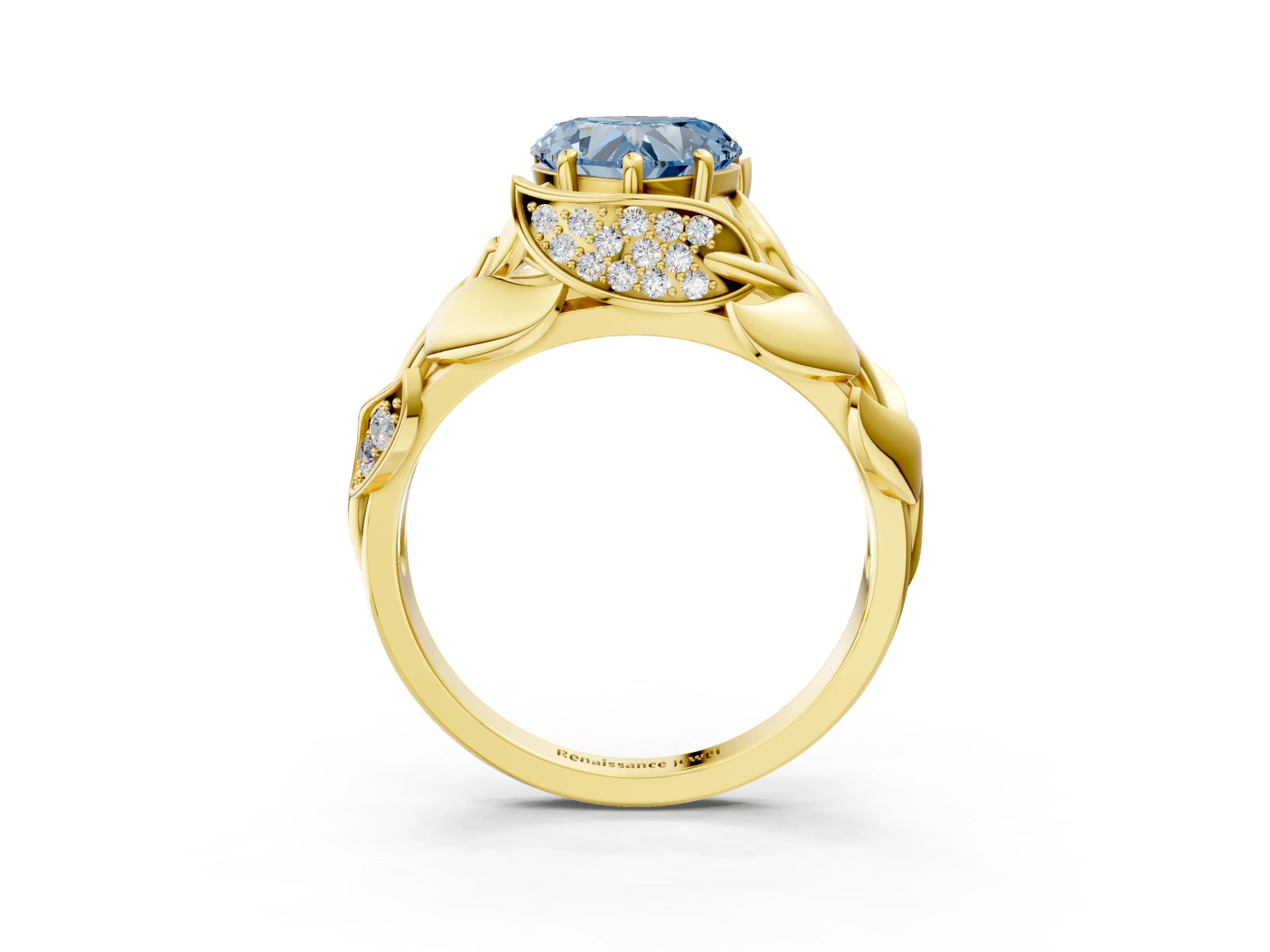 Yellow gold Fancy Blue Heart Cut Solitaire Leaf-Inspired Engagement Ring with Prong Setting_3