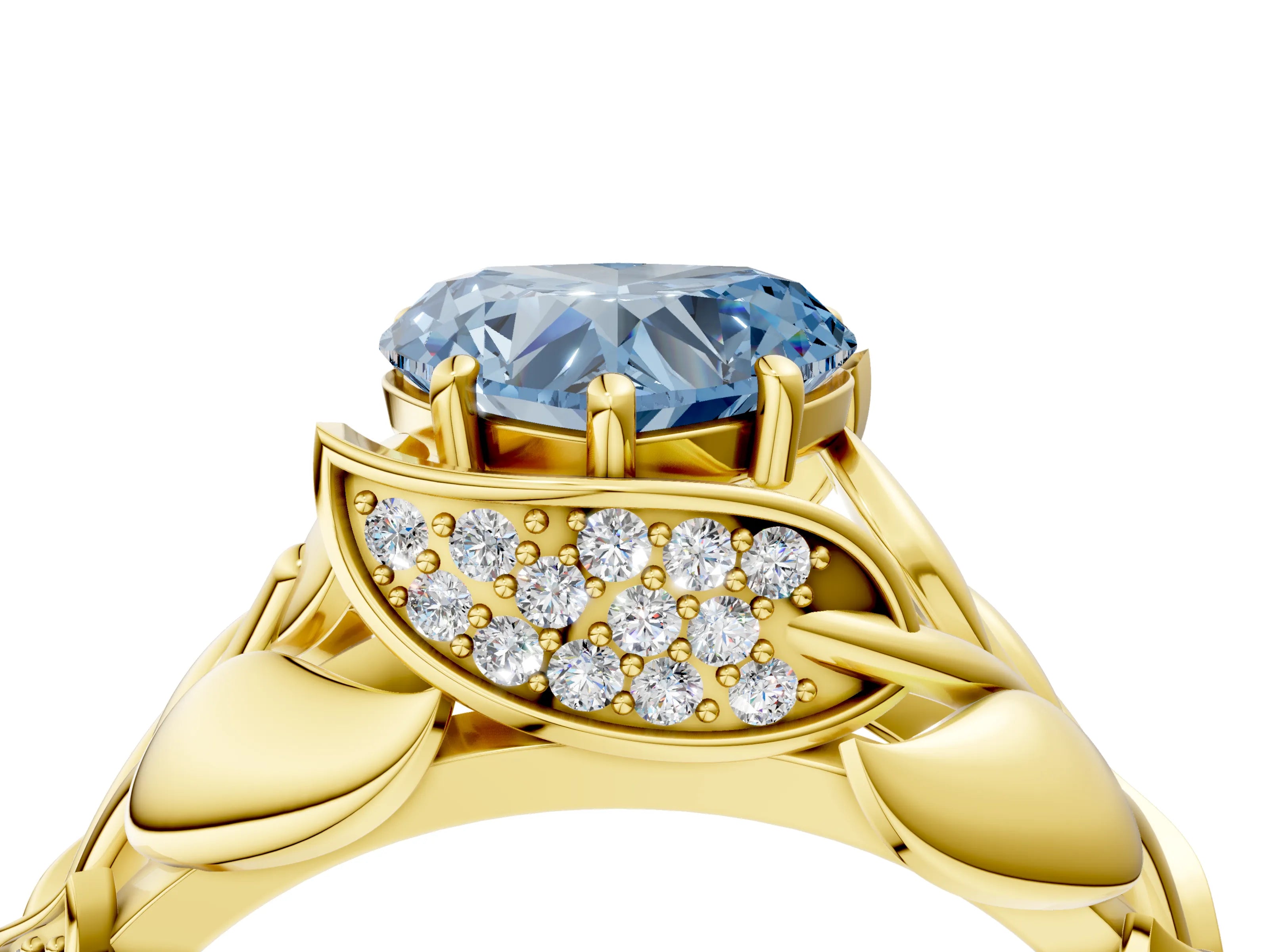 Yellow gold Fancy Blue Heart Cut Solitaire Leaf-Inspired Engagement Ring with Prong Setting_4