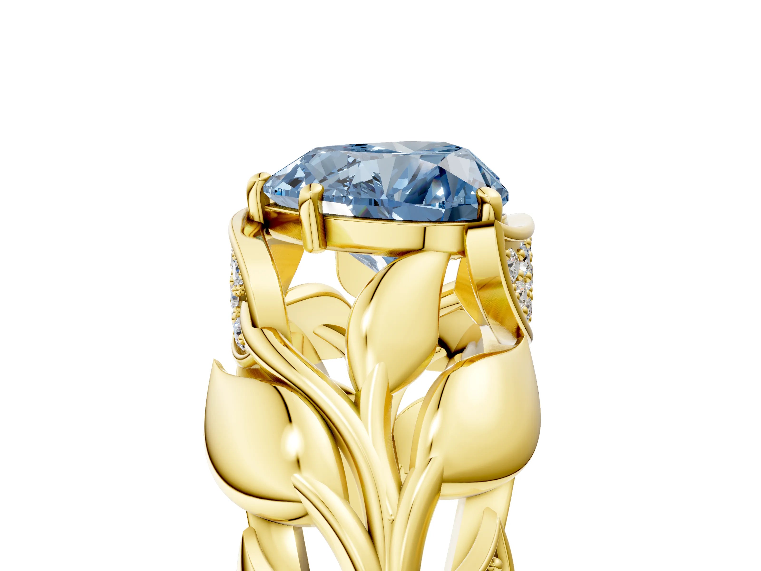 Yellow gold Fancy Blue Heart Cut Solitaire Leaf-Inspired Engagement Ring with Prong Setting_5