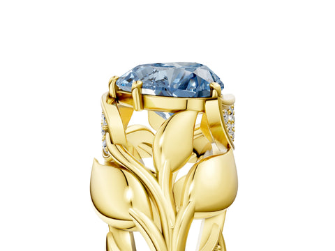 Yellow gold Fancy Blue Heart Cut Solitaire Leaf-Inspired Engagement Ring with Prong Setting_5