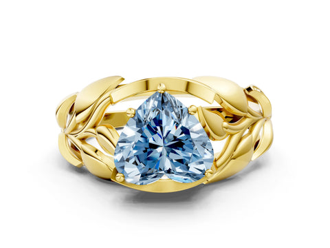 Yellow gold Fancy Blue Heart Cut Solitaire Leaf-Inspired Engagement Ring with Prong Setting