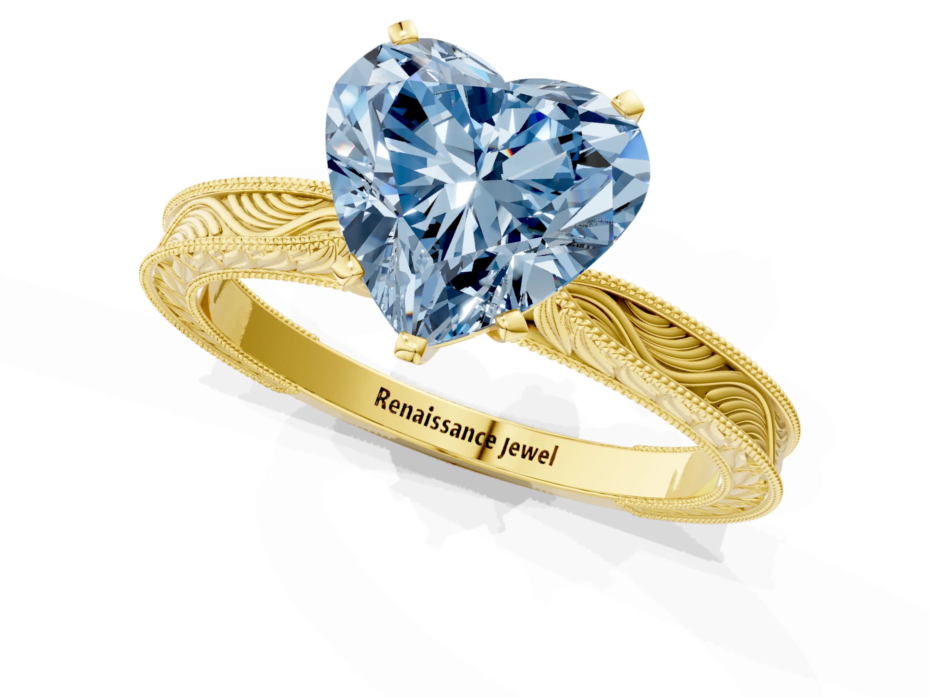Yellow gold Fancy Blue Heart Cut Solitaire Milgrain Engraved Band with Four-Prong Setting_1