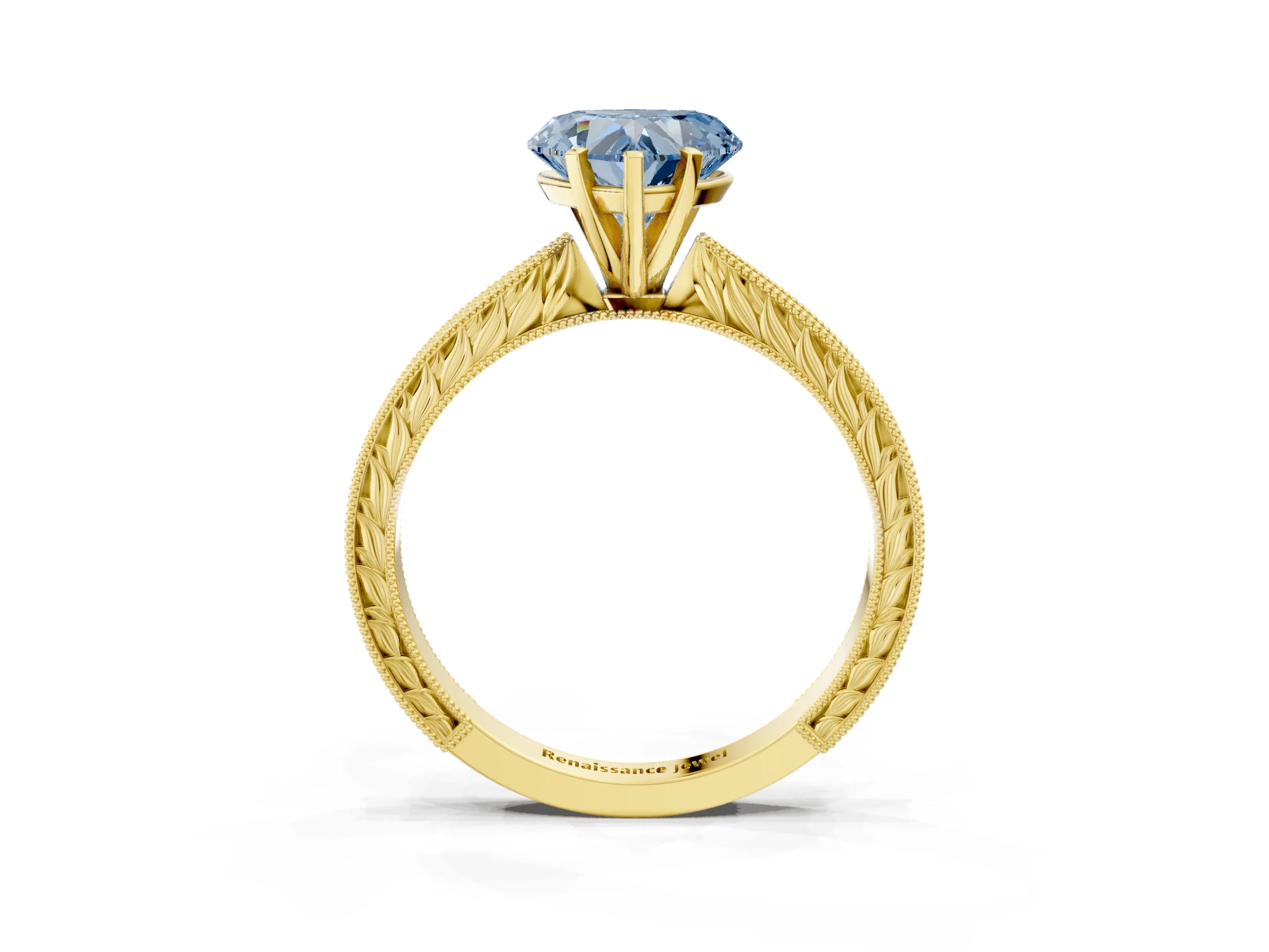 Yellow gold Fancy Blue Heart Cut Solitaire Milgrain Engraved Band with Four-Prong Setting_3